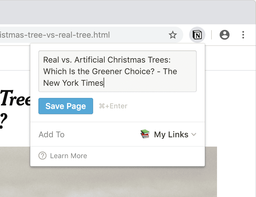 Notion에 페이지를 저장하는 Web Clipper의 스크린샷