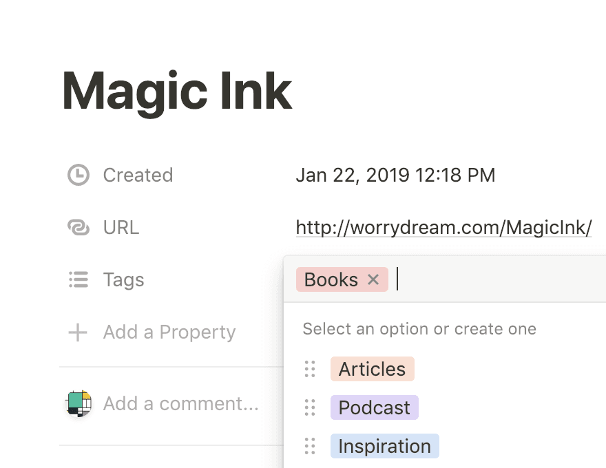 Notion 데이터베이스의 태그를 보여주는 팝업 메뉴의 스크린샷