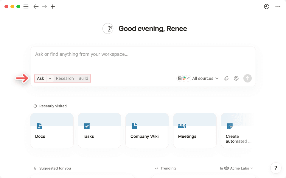 필요에 따라 Notion AI에게 답변을 찾거나, 주제를 리서치하거나, 리포트를 생성하거나, 데이터베이스를 구축하도록 요청할 수 있습니다.