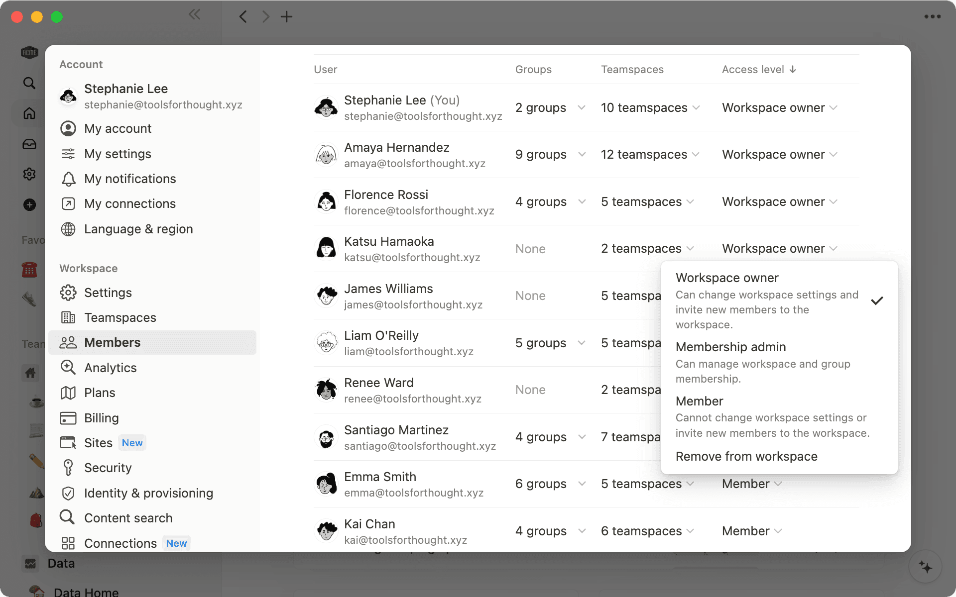 팀원 이름 옆에 있는 드롭다운 메뉴를 사용해 팀원의 권한 수준을 변경하세요.