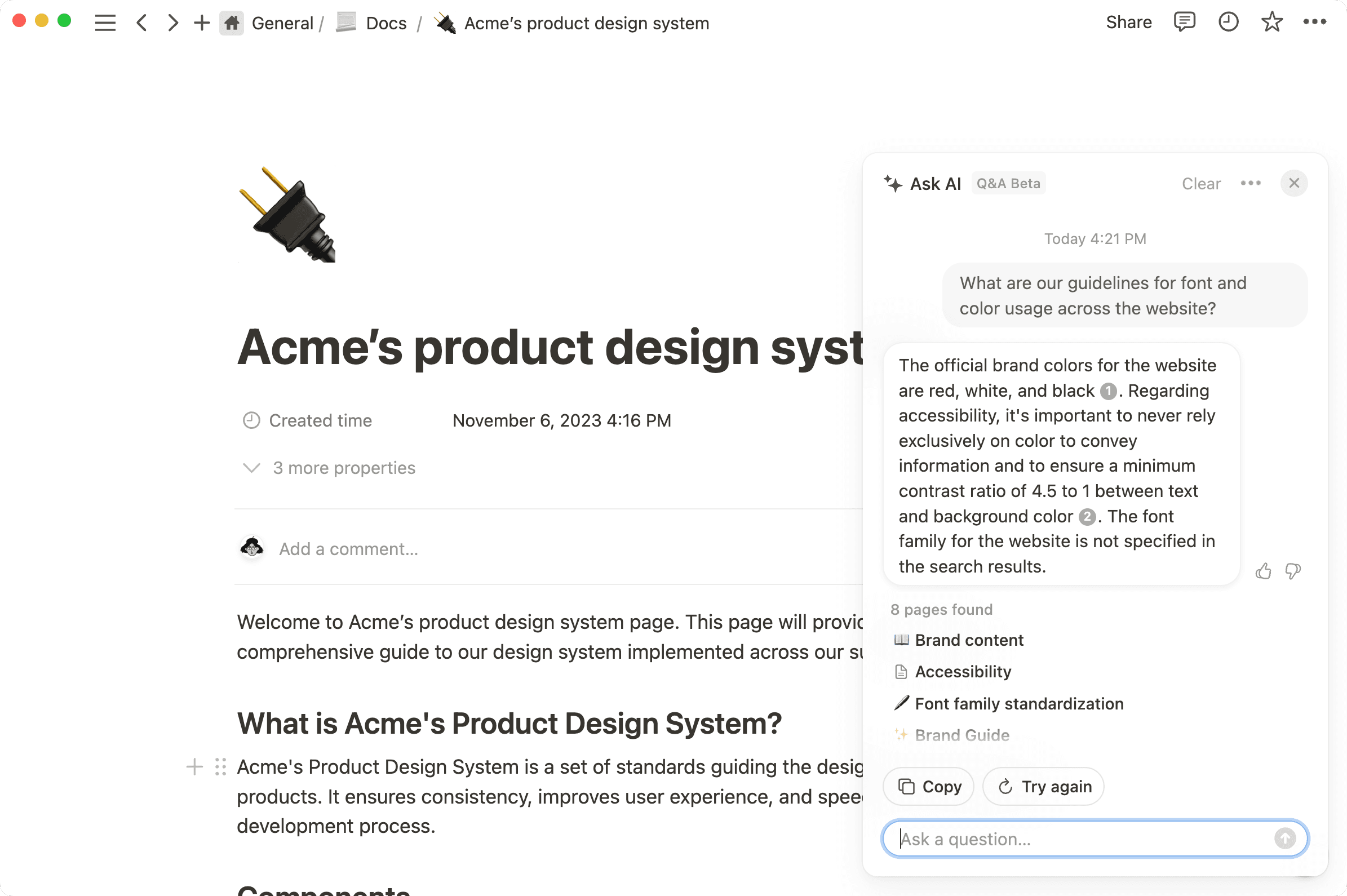 집중력을 잃을 필요 없이 워크스페이스 전반에 산재해 있는 지식을 참고하며 작업하세요.