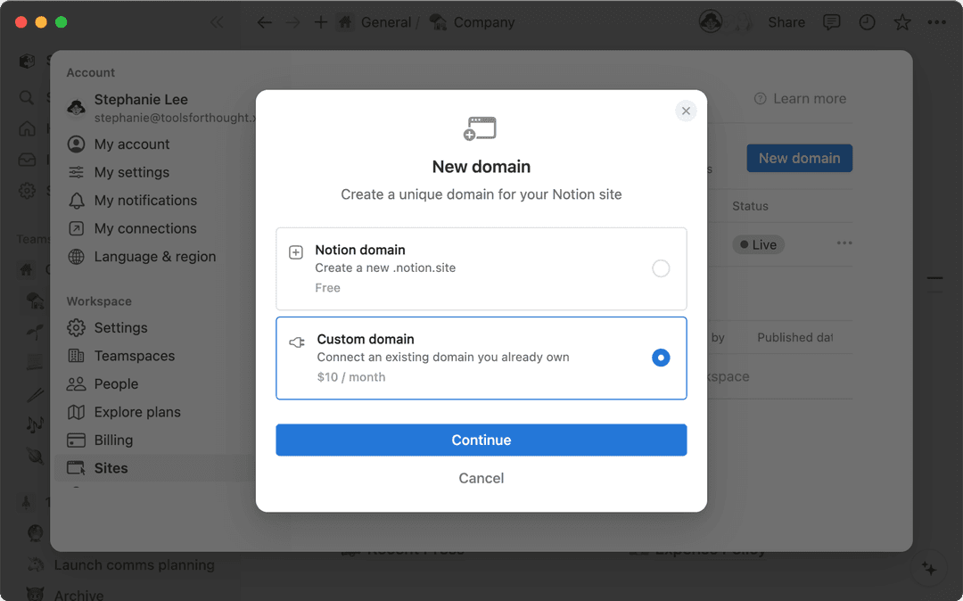 Verbinde eine individuelle Domain mit Notion Websites
