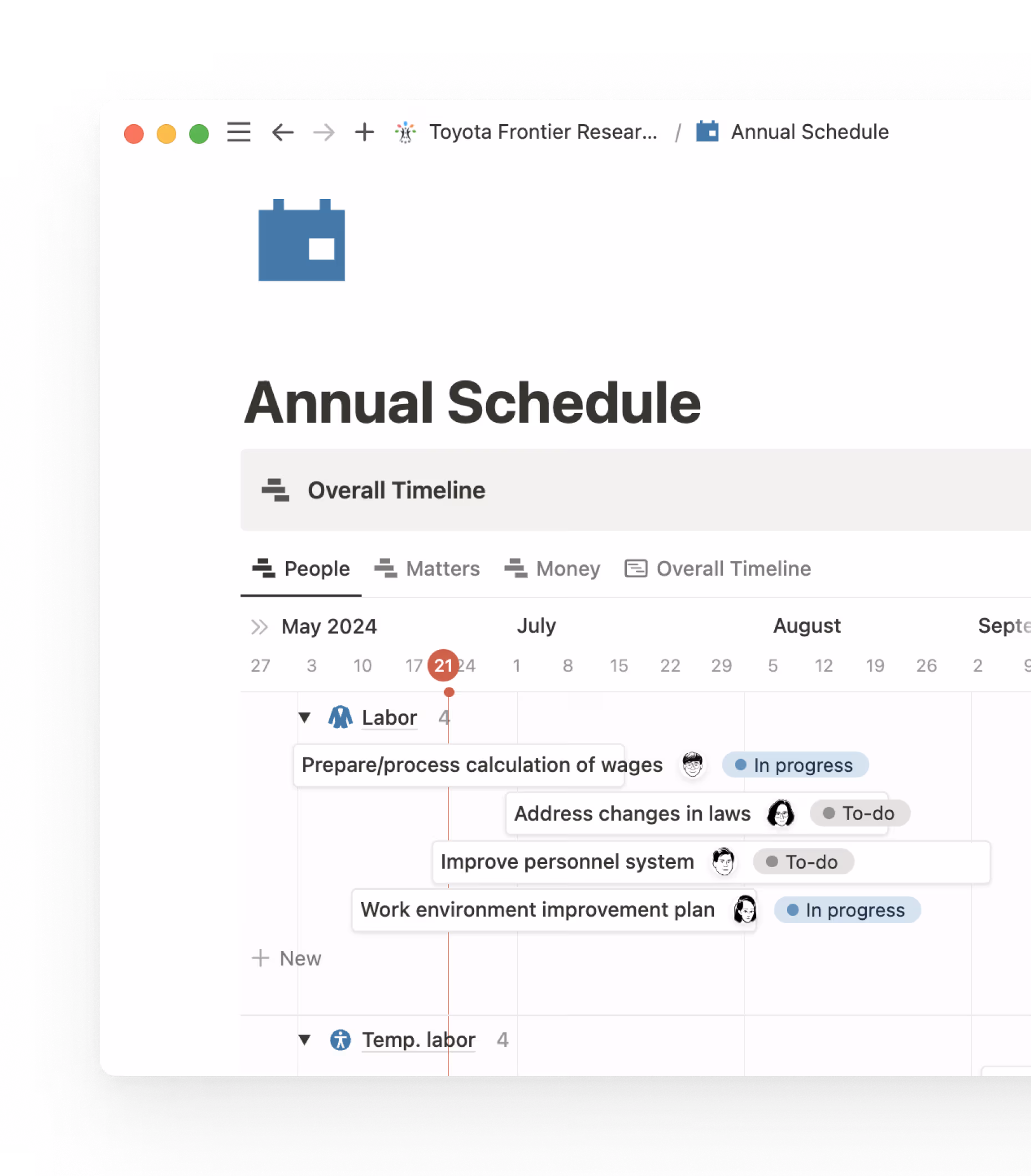 Toyota 연구 일정: 현재 진행 중인 연구 현황을 기업 내 모든 직원이 대시보드로 쉽게 확인할 수 있습니다.