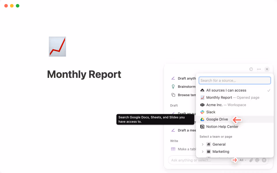 Notion AI 채팅의 오른쪽 상단에 있는 점 3개 메뉴를 클릭하여 Google Drive에 연결하세요.