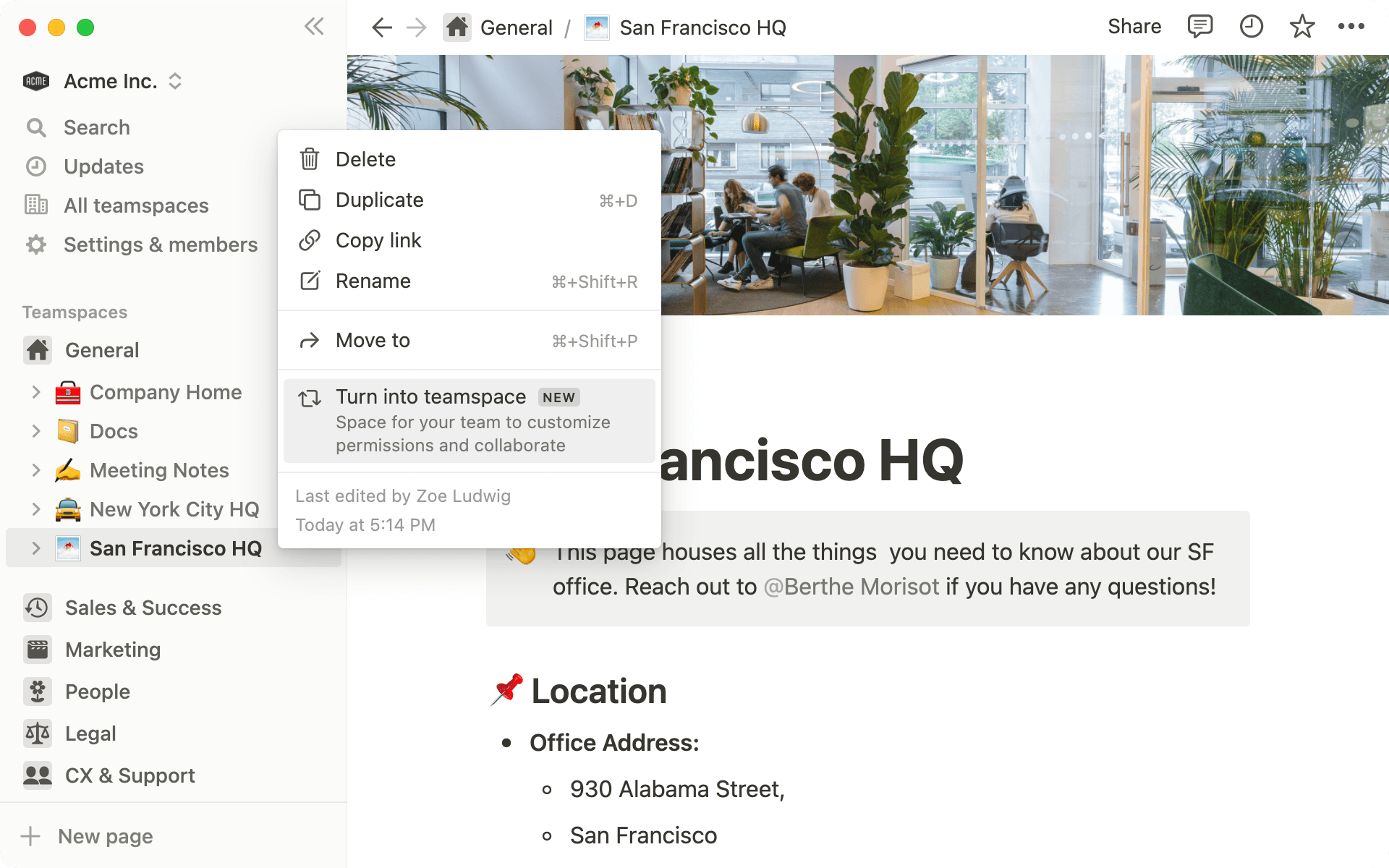 워크스페이스 소유자 팀스페이스 메인