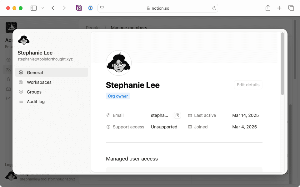 개별 멤버 설정으로 이동하여 조직 소유자인지 확인합니다.