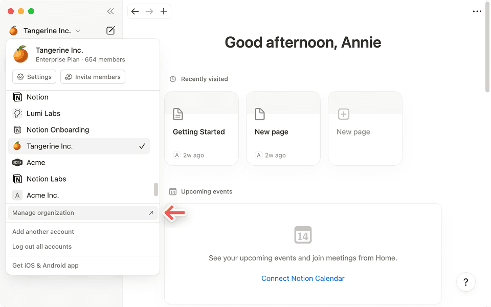 관리자 콘솔에 접근하려면 사이드바에서 '조직 관리'를 클릭하세요.