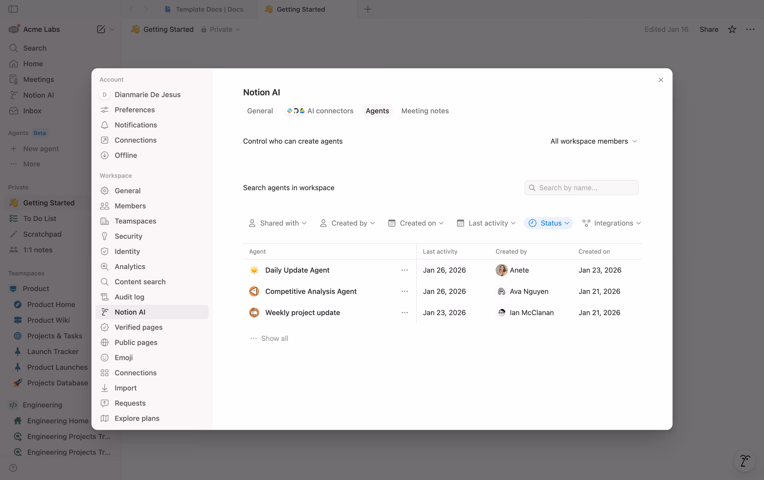 Notion AI 내부의 에이전트 디렉토리 이미지