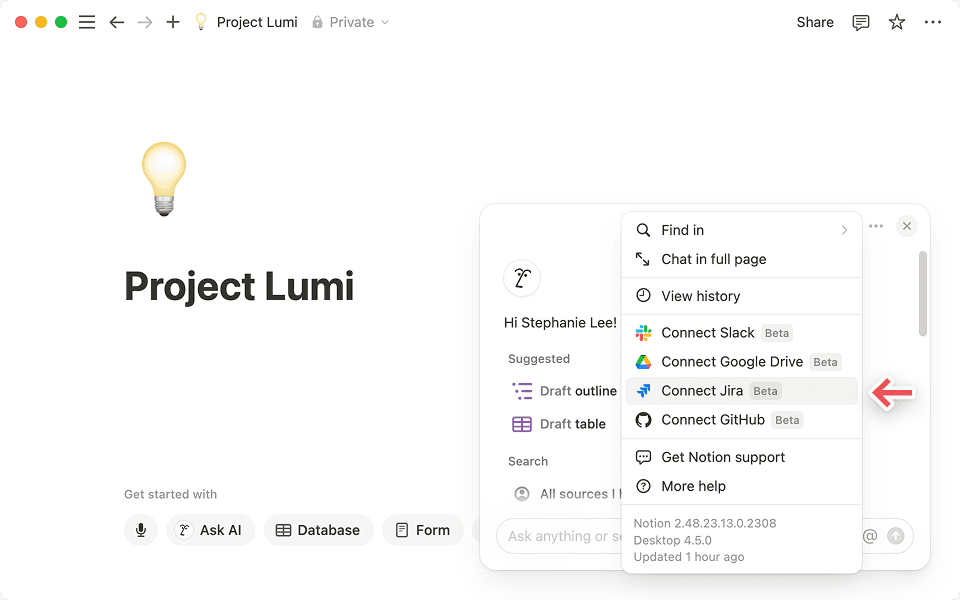 JIRA를 연결하려면 Notion AI 채팅창 오른쪽 상단의 점 3개 메뉴를 클릭하세요.